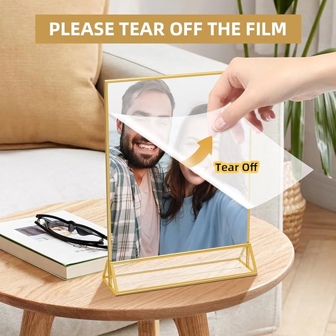 12 Pack Acrylic Sign Holder 5x7 Gold Frame Double Sided Display Stand, Clear Sign Holder Table Plastic Paper Holder, Acrylic Frames for Home Office Shop Photo Frames