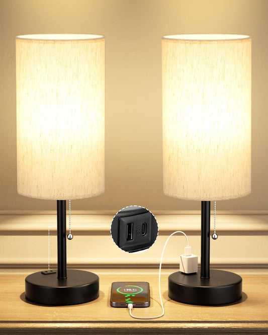 Plus Bedside Table Lamps Set of 2-3 Color Temperatures Pull Chain Lamp with AC Outlet Charging Port, Round Night Stand Lamps for Bedroom Guest Room Office, Bed Side Light with E26 LED Bulbs