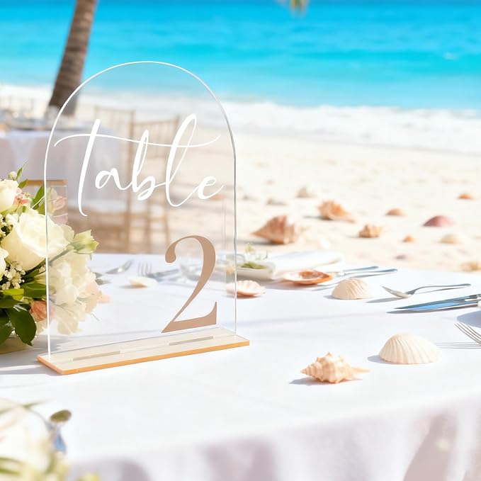 Arch Wedding Table Numbers 1-10 with Stands, 5” x 7” Elegant Acrylic Display Signs with Golden Text, Perfect Table Numbers for Wedding Reception, Centerpiece, Decoration, Party, Anniversary and Event