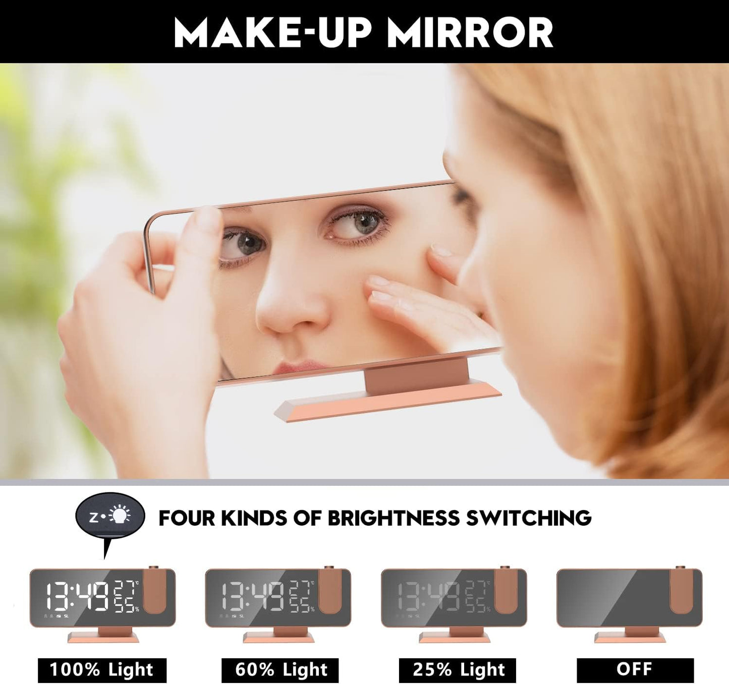 Projection Digital Alarm Clock for Bedrooms, Alarm Clock Radio on Ceiling, USB Charger Port, Temperature & Humidity Display, 7.3” Large Mirror LED Display,12/24H,Snooze,Dual Loud Clock- 4 Dimmer