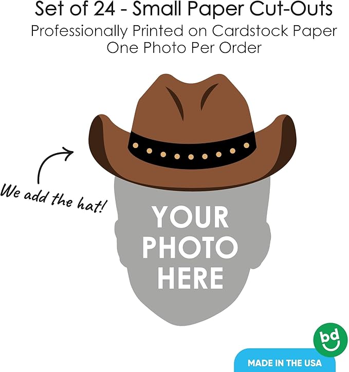 Big Dot of Happiness Custom Photo Western Hoedown - Wild West Cowboy Hat Personalized Rodeo Party DIY Shaped Fun Face Cut-Outs - 24 Count