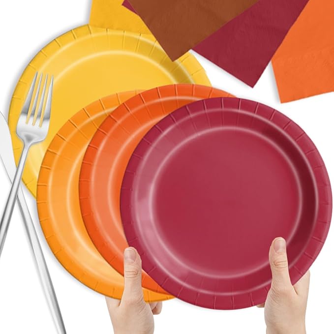 CMUSKO 60Pcs Fall Plates and Napkins-Red Orange Yellow Autumn Disposable Tableware for Fall Wedding, Bridal Shower, Thanksgiving