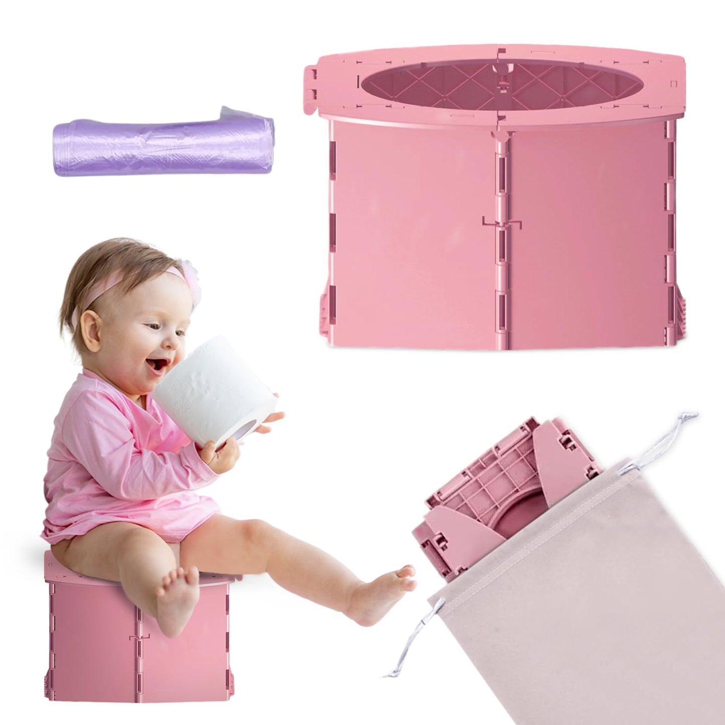 Teo - Portable Toddler Travel Potty – Foldable, Lightweight, Leak-Proof Toilet for Kids with Travel Bag & Disposable Liners – Compact Potty Chair for Home & On-The-Go Use (Berry Pink)