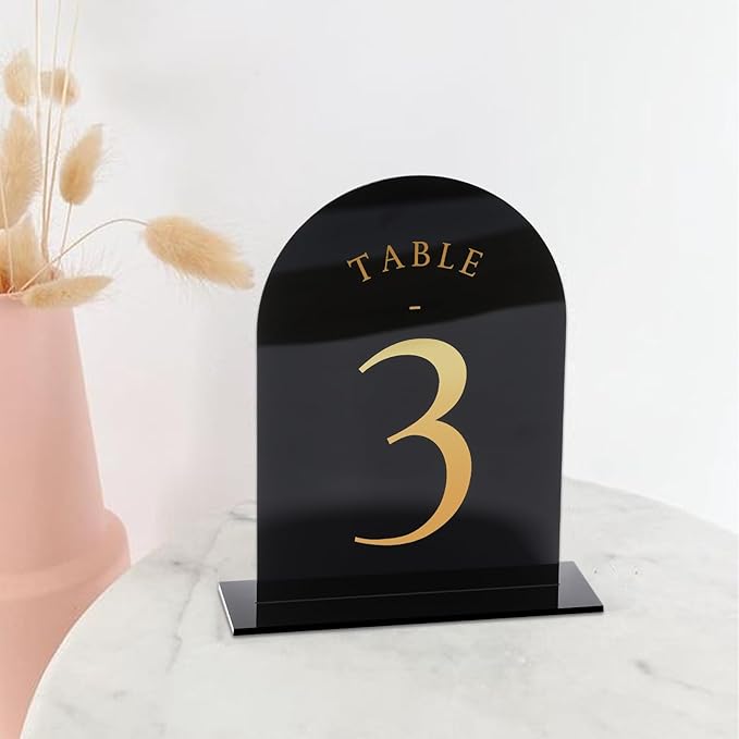 UNIQOOO Black Arch Wedding Table Numbers with Stands 1-15, Gold Foil Printed 5x7 Double Sided Acrylic Signs and Holders, Perfect for Centerpiece, Reception, Decoration, Party, Anniversary, Event