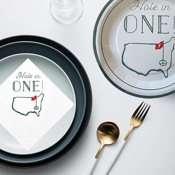 Hole in One Golf Party Decorations, 480-Piece Set with Cocktail Napkins, Plates, Cups, Bottle Labels, Toothpick Flags, Straws, Gift Tags, and Forks for Golf Birthday and 1st Hole in One Parties