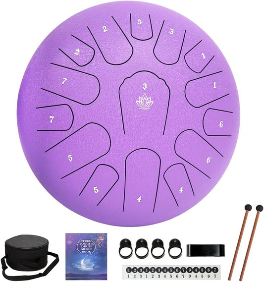 Rain Drum for Outside Garden,Steel Tongue Drum 12 Inches 15 Notes Musical Instruments, Handpan Drum Percussion Instrument, with Soft Bag, Music Book, 2 Mallets, for Meditation or Yoga (Purple)