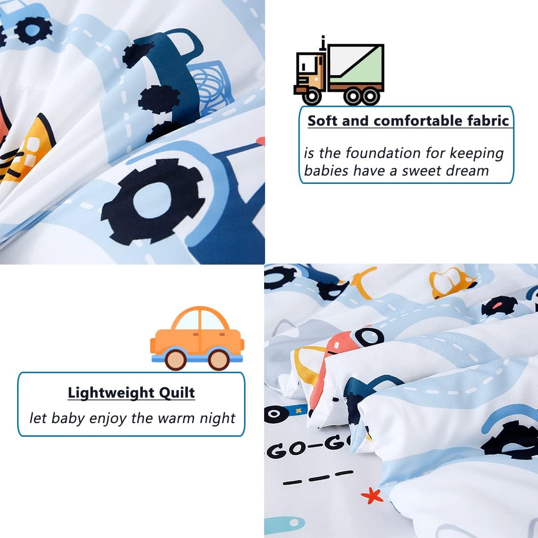 PERFEMET 5-Piece Kids Comforter Full Size Set Reversible Trucks Cars Bedding Comforter Set for Boys Girls Ultra Soft Lightweight Blue White Boy Bed in a Bag for All Season(Cars, Full)