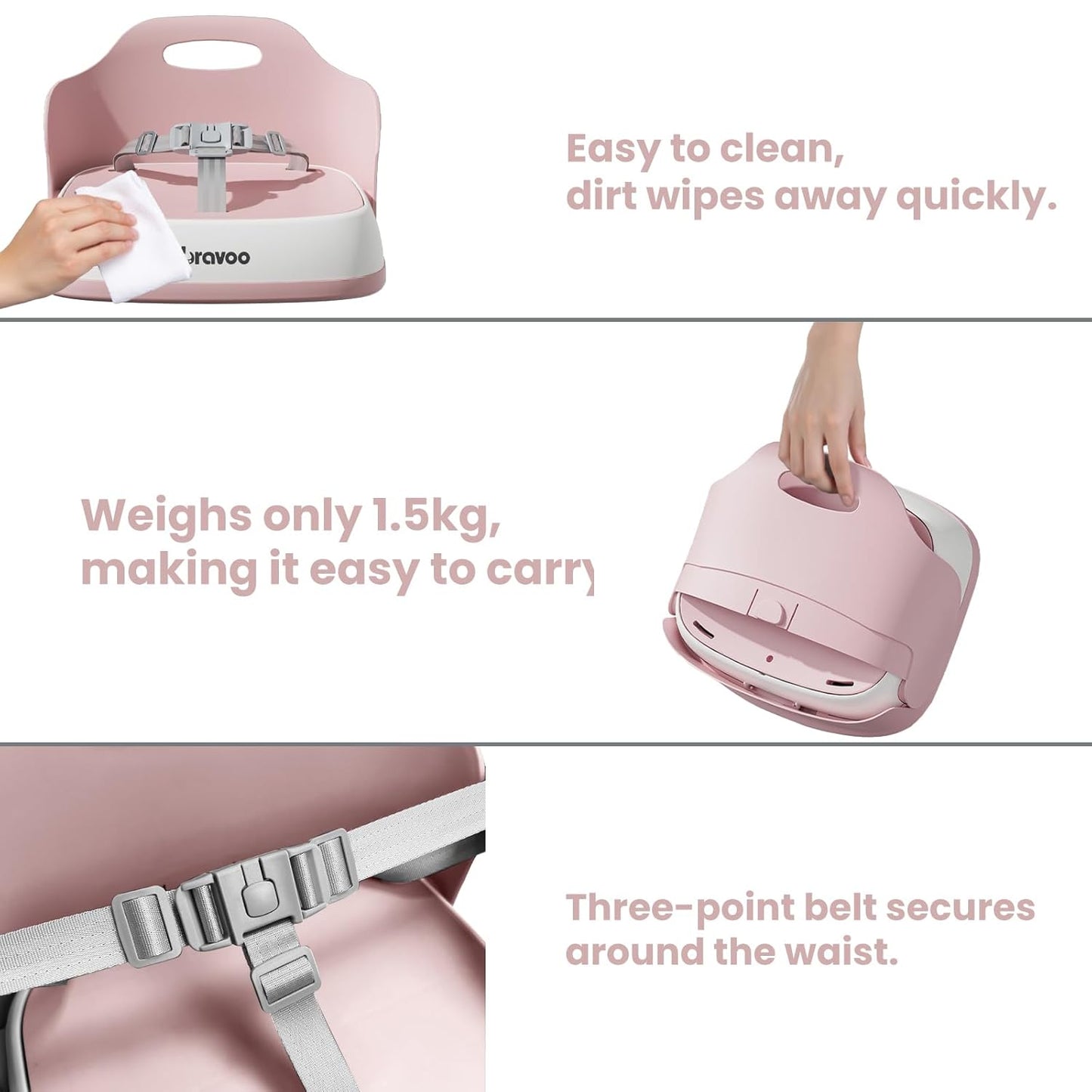 Baby Booster Seats, Toddler Booster Seat for Dining Table with Adjustable Straps, Portable Compact Portable Baby Chair for Dining and Travel (Pink)