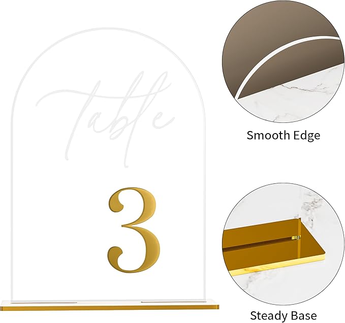 Arch Wedding Table Numbers 1-10 w/Stand, Gold 3D Table Numbers for Reception - 5.5" X 7" Elegant Acrylic Arch Sign with Holder, Perfect for Wedding, Anniversary, Banquet, and Event Decor