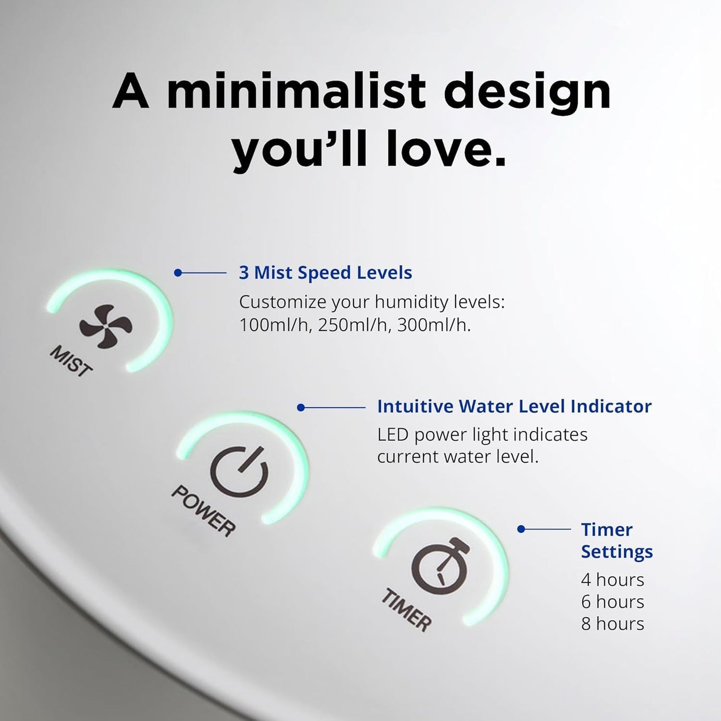 Carepod 31S Stainless Steel Humidifier for Large Room, Quiet & Safe for Baby, Only 3 Washable Parts & Easy to Clean, Ultrasonic Cool Mist Humidifiers for Bedroom, Filter-Free, Lasts 30Hrs (1Gal/4L)