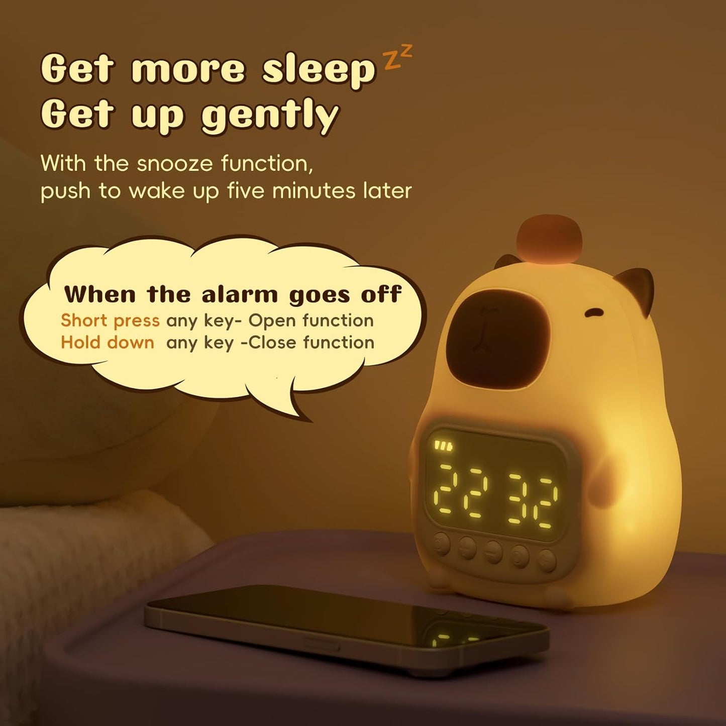 Capybara Alarm Clock with Night Light for Kids, Cute Alarm Clocks for Bedrooms Ok to Wake Clocks, Silicone Animal Tabletop Lamp for Teen Girls Boys