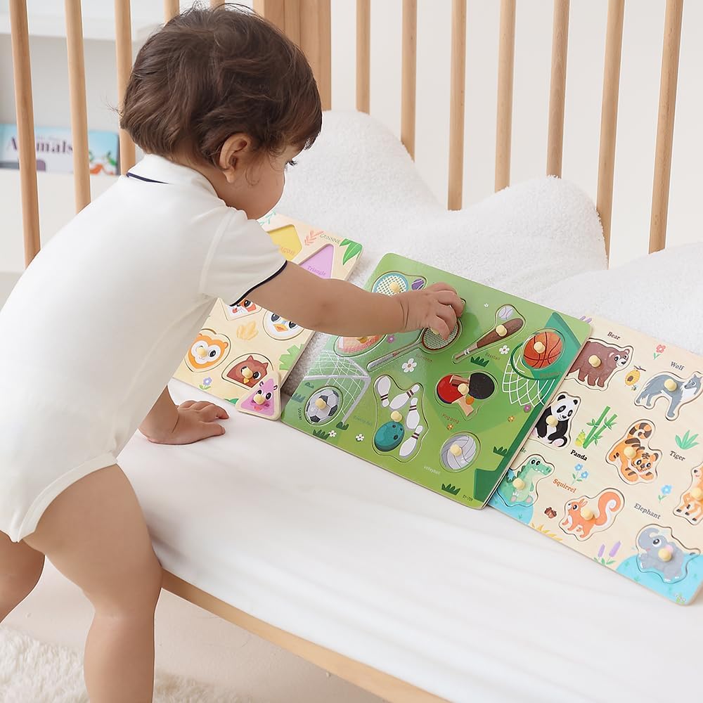GRINNNIE 9 Pack Montessori Toddler Puzzle for 3 4 5 Years Old, Wooden Learning Puzzle for Toddlers 3-5, Animal, Alphabet, Number, Shape Peg Puzzles Set, Great Birthday for Boys Girls