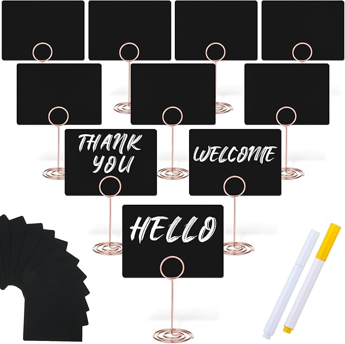 TecUnite 12 Pcs Mini Chalkboard Signs, 4"x3" Small Chalkboard Label with Metal Stand 2 Water Based Chalk for Food Buffet Tabletop Blackboard Sign for Party Bakery(Rose Gold,8.7 x 2.8 in)