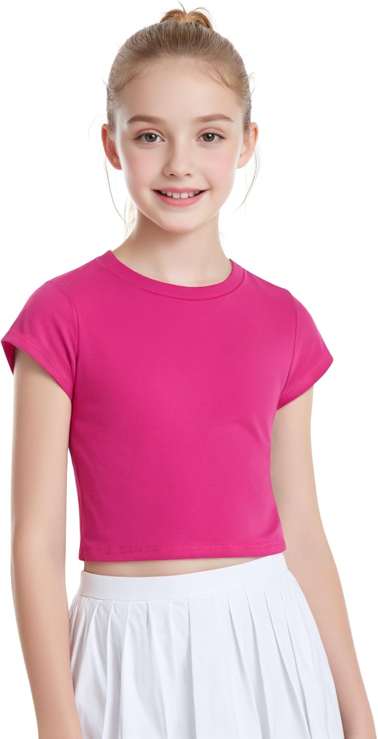 Auranso Girls Crop Tops Summer Short Sleeve Round Neck T Shirts Basic Tee for Kids