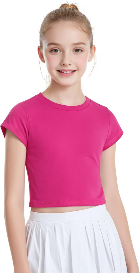 Auranso Girls Crop Tops Summer Short Sleeve Round Neck T Shirts Basic Tee for Kids