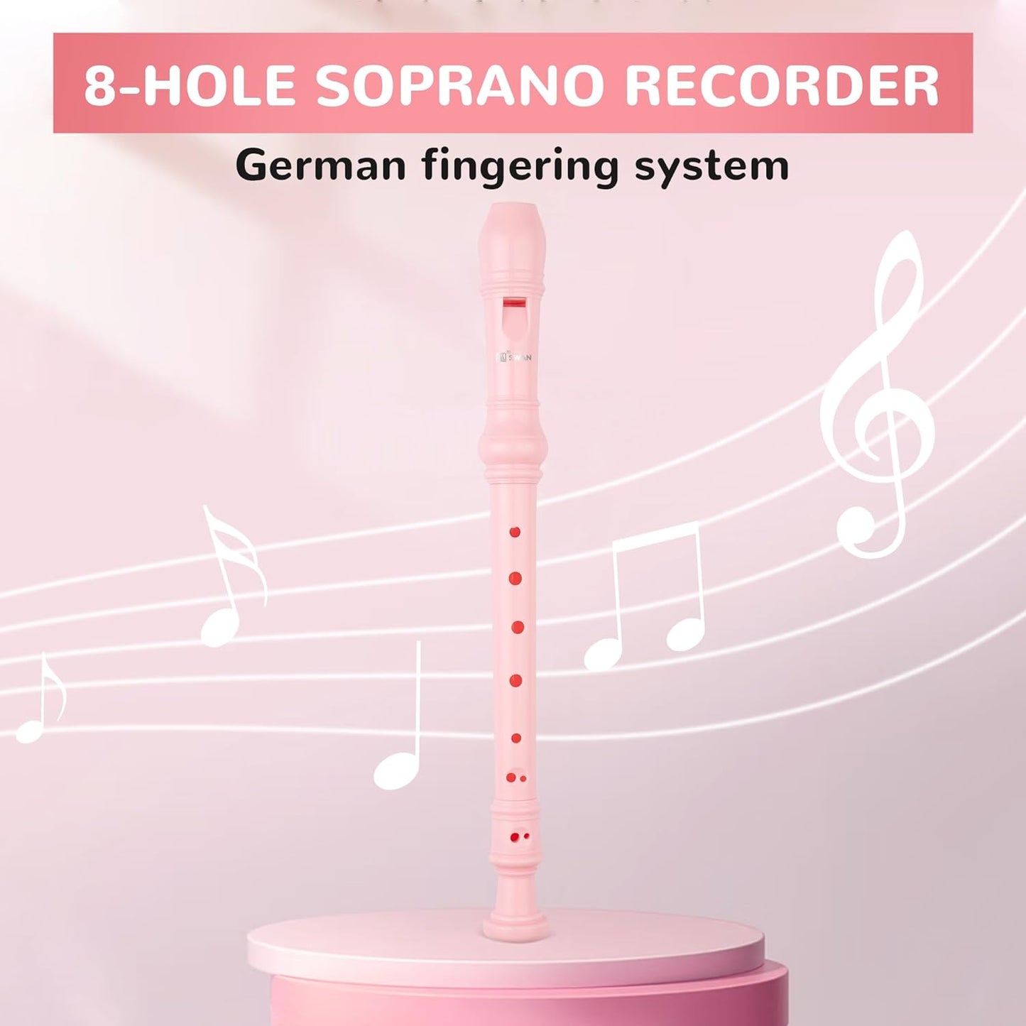 SWAN Soprano Recorder Instrument for Beginners Kids Student - German Fingering 8 Hole Flute Detachable 3pcs ABS Descant Recorders with Cleaning Rod and Fingering Chart, SW8K, Baby Pink