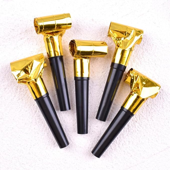 24pcs Party Blowers,Gilding Noisemakers Party Blowouts Squawkers Fringed Noise Maker,Birthday Noisemakers Birthday Blow Horns Party Whistles (Black and gold)