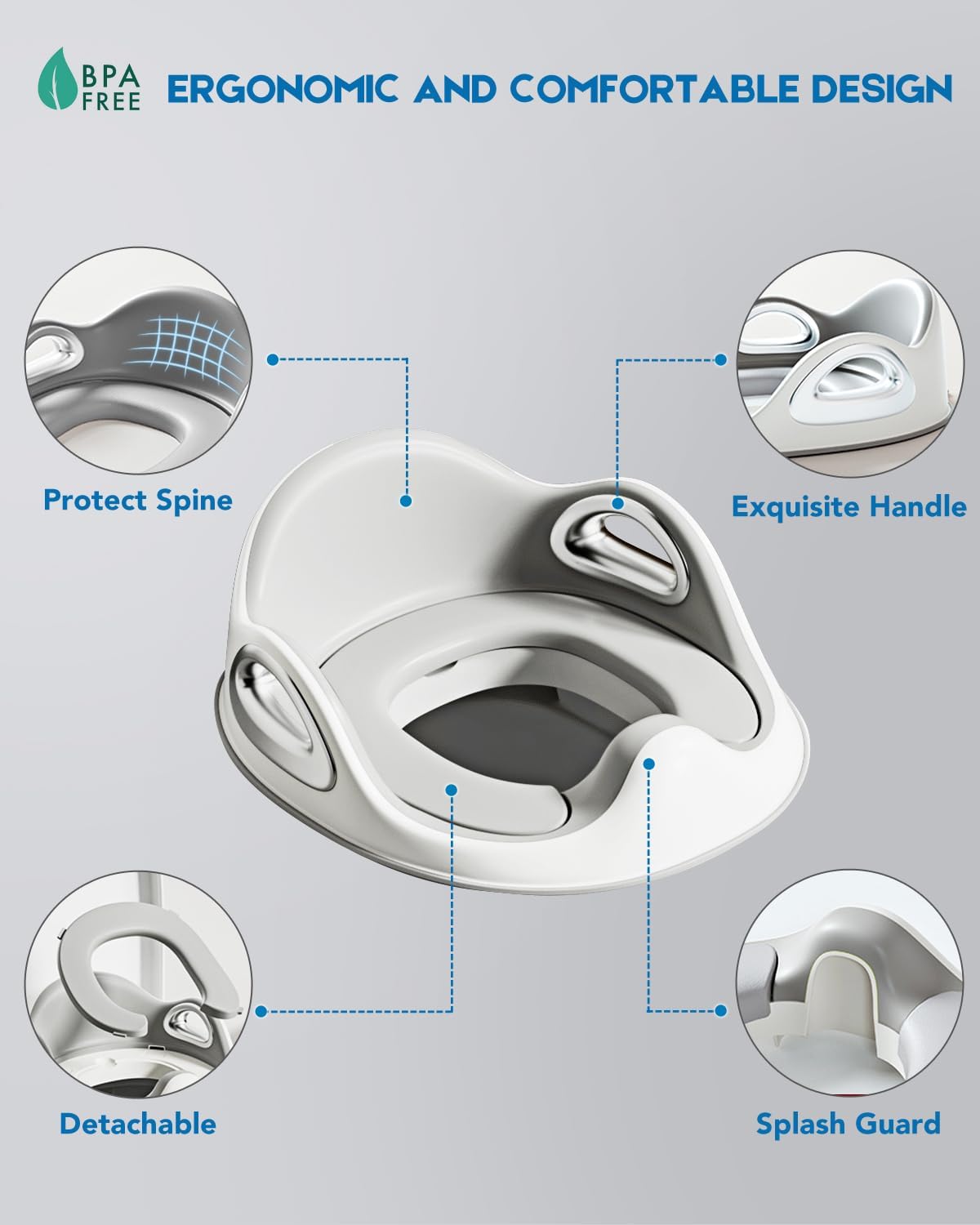 Potty Training Toilet Seat, Toddler Toilet Seat Attachment with Safety Handles, Detachable Soft Cushion, Anti-Slip Design and Splash Guard, Baby Toilet Seats for Kids, Boys and Girls (Grey)