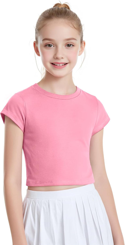 Auranso Girls Crop Tops Summer Short Sleeve Round Neck T Shirts Basic Tee for Kids