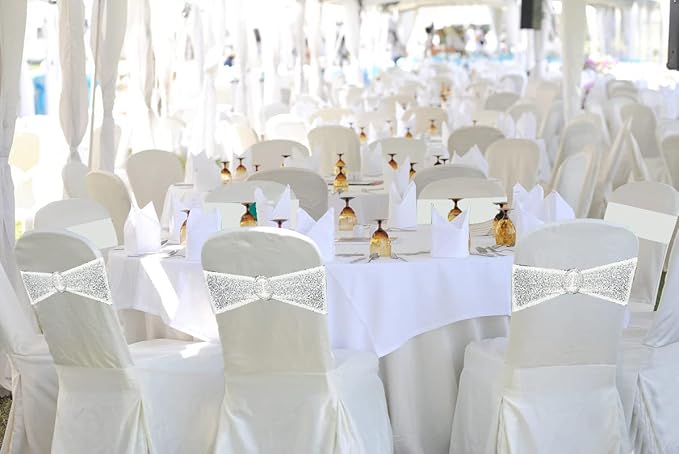 Sequin Chair Sashes Stretch Chair Bands Spandex Polyester Bows for Party Hotel Wedding Banquets Decoration - 6 Pcs White