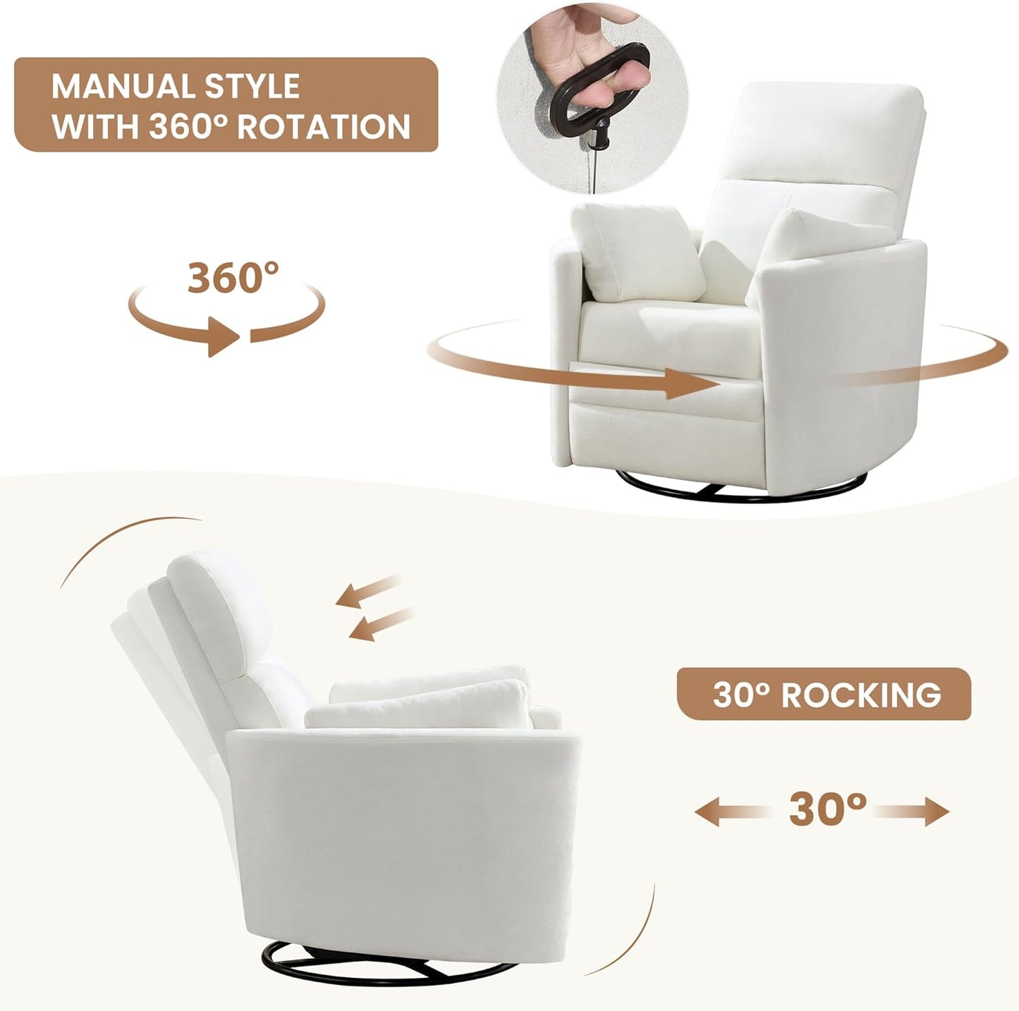 Swivel Rocker Recliner Chair, Manual Nursery Rocking Chair Upholstered Adult Rocking Chair with 2 Pillows for Living Room Bedroom (White, Manual Operation)