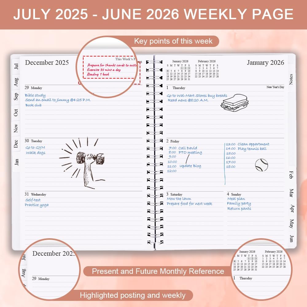 2025-2026 Planner - Weekly & Monthly Planner Runs Jul 2025 to Jun 2026, 6.25" x 8.25", 12 Monthly Tabs, 14 Notes Page, Plastic Pocket, Flexible Cover with Twin-Wire Binding, Planners 2025-2026