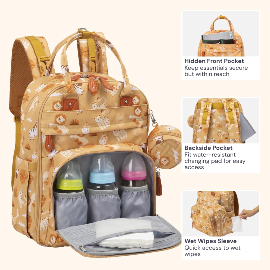 BabbleRoo Diaper Bag Backpack - Baby Essentials Travel Tote - Multi Function Water Resistant Diaper Bag, Travel Essentials Baby Bag with Changing Pad, Stroller Straps & Pacifier Case - Unisex, Safari