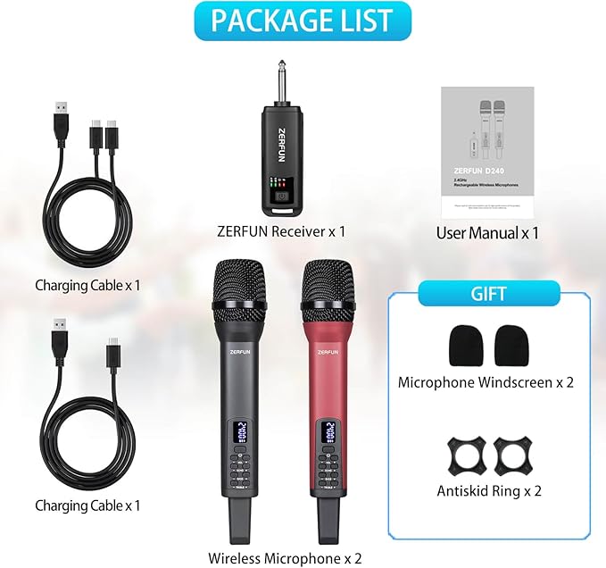 Dual Rechargeable Wireless Microphones, Pro Handheld Cordless Mics System with Echo Treble BASS VOL Control for Karaoke Singing Church Party, 1/4'' Output, Grey&Red