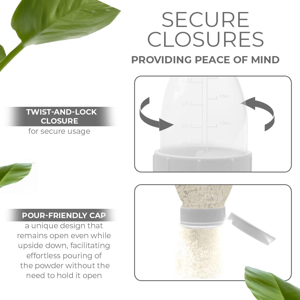 Re-Fill Powder Container To-Go, 2-Compartment Powder Travel Dispenser with Measurements - Powder Container for Protein Powder or Pre-Workout to use On-The-Go (White)