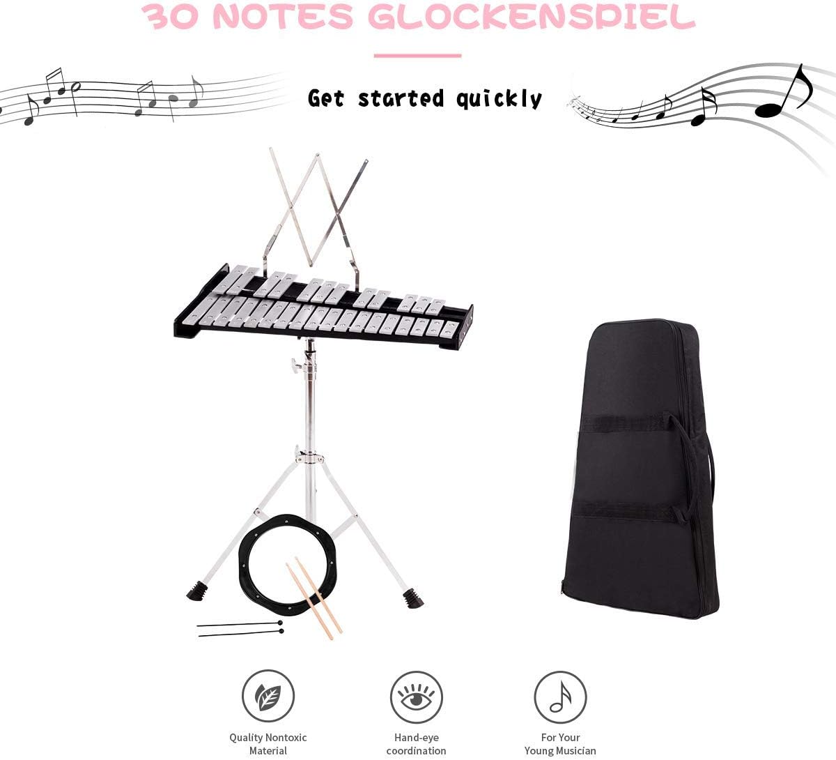Giantex Percussion Glockenspiel Bell Kit 30 Notes with Carry Case, Practice Pad, Adjustable Height Stand, Bell Mallets, Wooden Sticks, Music Stand, Xylophone Percussion Instrument Set