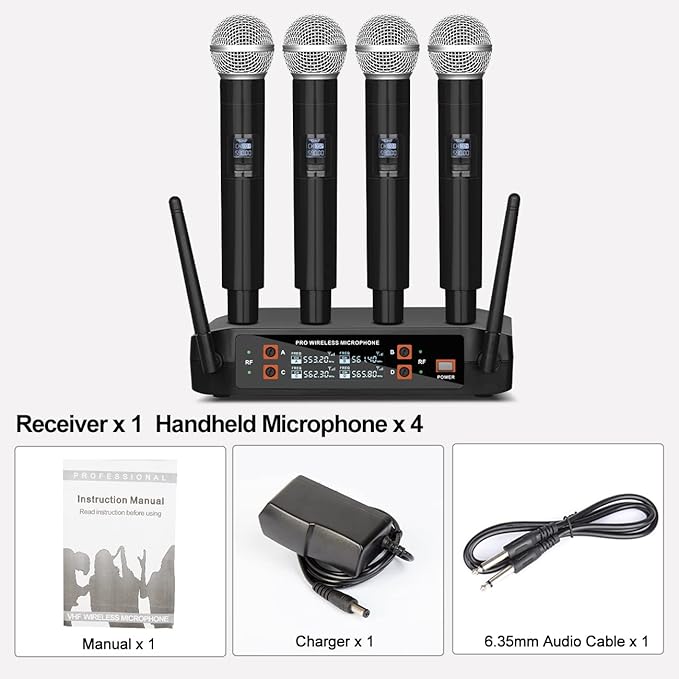 Depusheng DX4 Wireless Microphone, Professional 4 Channels Karaoke Handheld System for Home Karaoke, Meeting, Party, Church, DJ, Wedding, Home KTV Set