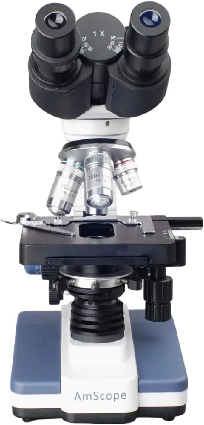 AmScope B120C-WM-PS100 Siedentopf Binocular Compound Microscope, 40X-2500X Magnification, Brightfield, LED Illumination, Abbe Condenser, Double-Layer Mechanical Stage, Includes Book and Set of 100 Prepared Slides