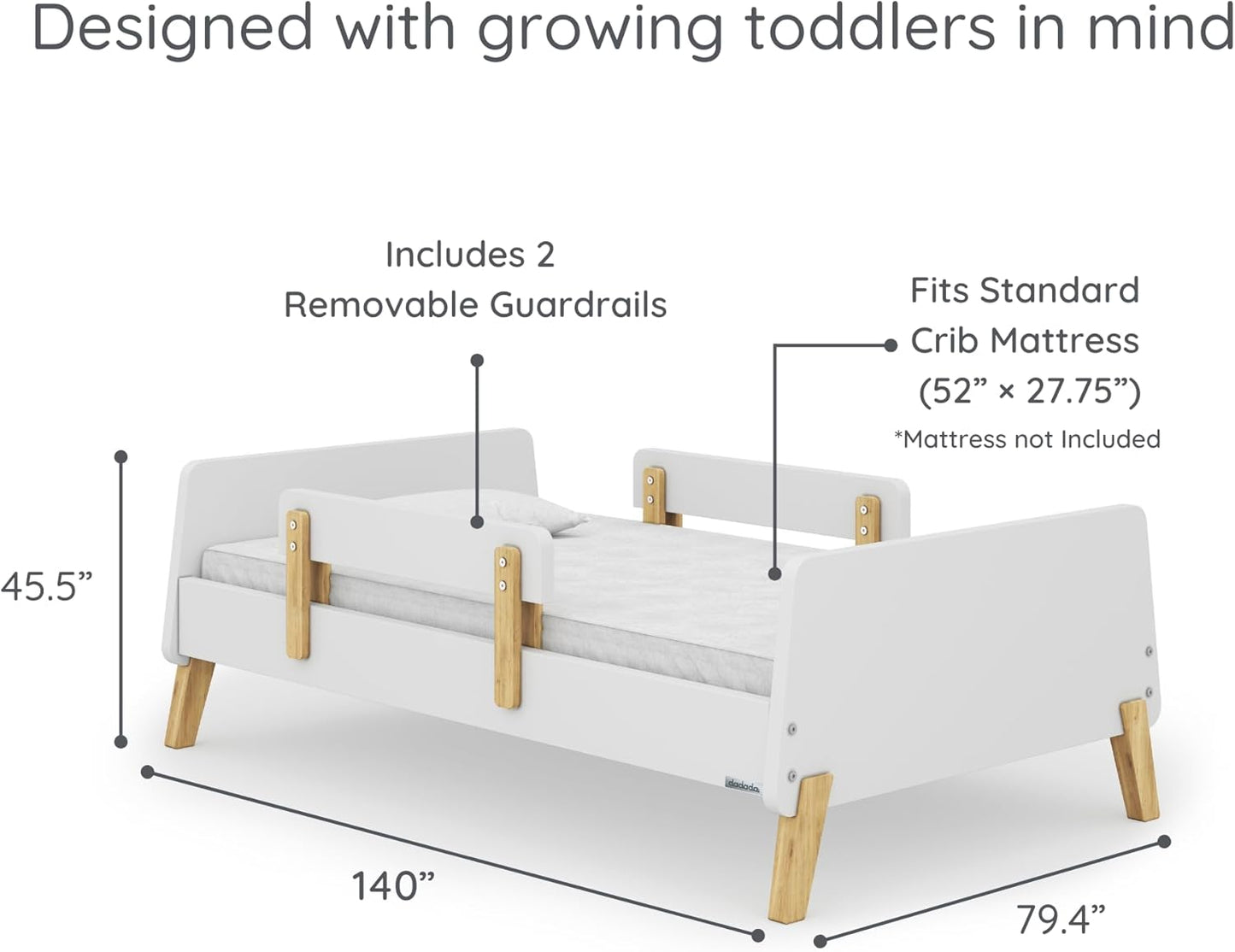Dadada Muse Toddler Bed with 2 Removable Safety Rails. Low Profile Montessori Bed for Kids. Sturdy Solid Wood Frame, Fits Standard Crib Mattress, Easy to Assemble, Toddler Bed for Boys & Girls - White