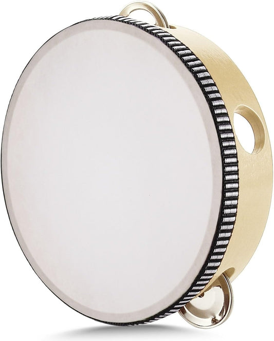 Flexzion Wooden Round Tambourine for Kids and Adults 6" Inch Single Row 8 Pair Jingles, Wood Handheld Percussion Instrument for Beginner and Professional Tambourine Player