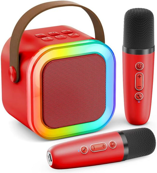 Karaoke Machine for Kids Adults, Portable Bluetooth Mini Karaoke Microphone Singing Speaker with 2 Mic and Light, for All Smartphones,Birthday, Family,Home Party(Red)