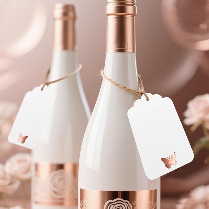 100Pcs Blank Gift Tags with String, Foil Rose Gold Butterfly Large Gift Tags with 65 Ft Jute Twine Cute Tags White Paper Gift Tag for Birthday Baby Shower Wedding Spring Summer Gift Wrap Tag