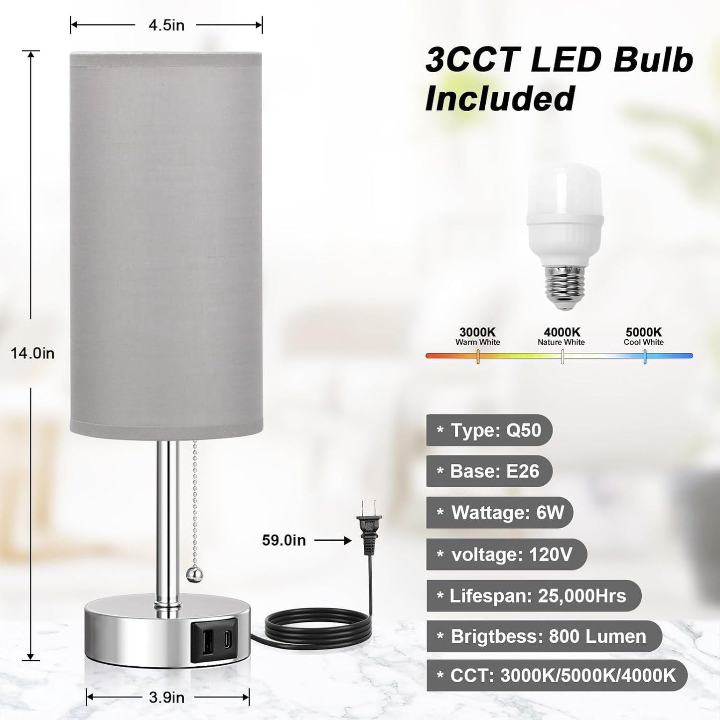 Grey Table Bedside Lamp for Bedroom Nightstand - Small Silver Lamp with USB A + C Charging Port, 3 Color Temperatures Pull Chain Night Stand Light with Bulb, Side Table Desk Lamp for Living Room