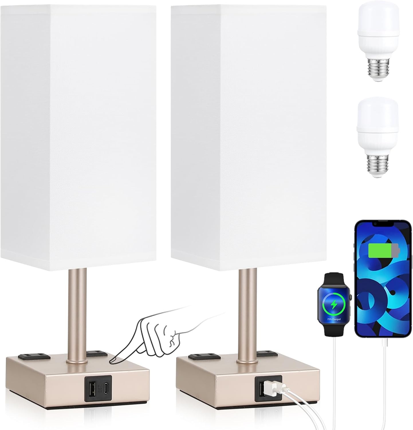Light Gold Touch Lamps Set of 2 - Nightstand Lamp with USB-C + A Charge Ports & AC Outlets, 3-Way Dimmable Bedside Lamp, Small Table Lamp Light for Bedroom (Bulb Included)