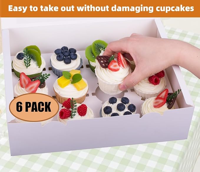 6-Set Cupcake Boxes Hold 12 Standard Cupcakes, Food Grade Cupcake Holders Bakery Carrier Boxes with Windows and Inserts for Cupcakes, Muffins and Pastries (White-6 Pack)