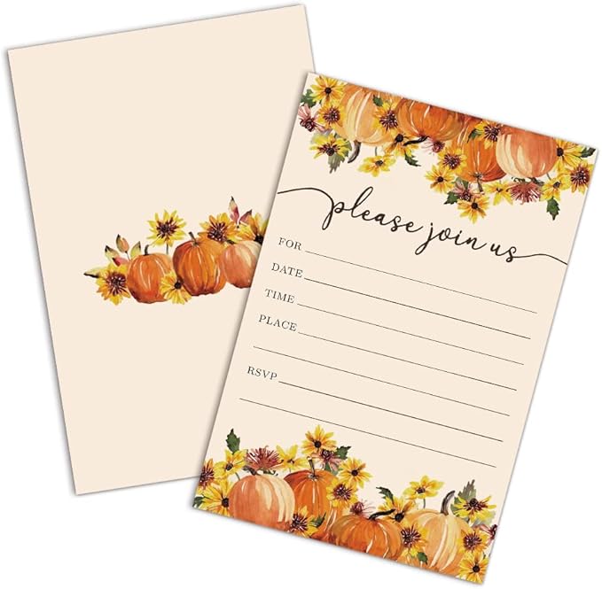 REWIDPARTY Thanksgiving Party Invitation Cards with Envelopes（Set of 15） Food Feast Invites for Family Friends Fall Invitations with Pumpkin and Florals Birthday Bridal Party Fill-in Invitation cards