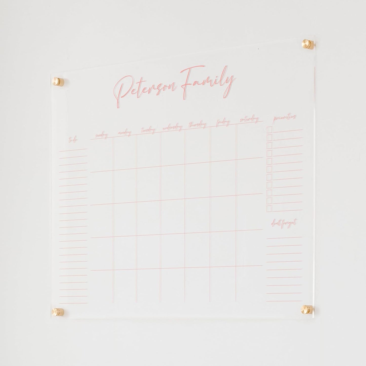 Personalized Clear Acrylic Calendar for Wall, Calendar Whiteboard for Wall, Dry Erase Wall Calendar, Wall Calendar Organizer System for Home (Cursive, Blush, 31"W x 23"H)