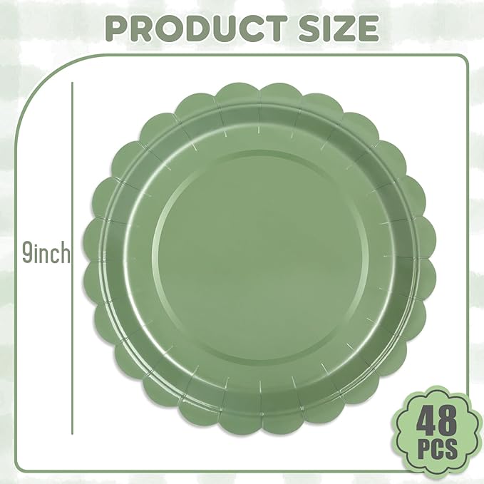 48 Pcs Sage Green Paper Plates 9 Inch Scalloped Dessert Plates - Disposable Sage Green Cake Plate - Baby Shower Birthday Party Wedding Bridal Party Supplies