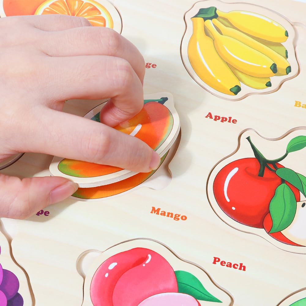 GRINNNIE Wooden Toddler Puzzle for Age 2 3 4 Years Old, 6 PCS Toddlers Learning Puzzle Set - Animal, Fruit, Sea Creature and Vehicle, Educational Toy Birthday for 3-5 Boys Girls