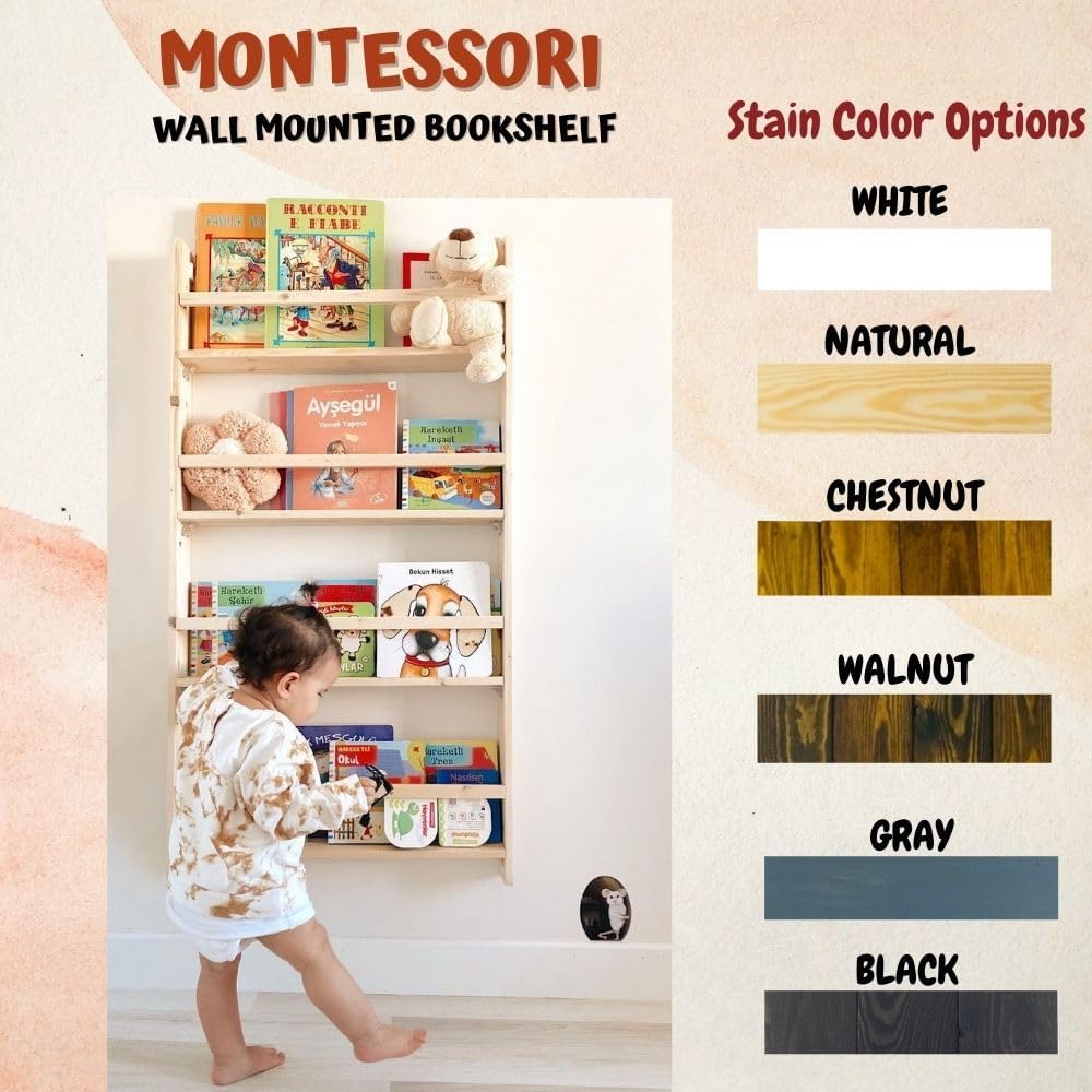 Handmade Solidwood Wall Mounted Montessori Kids Bookshelf, 4 Tier Book Display for Children Bedroom, Nursery Furniture Bookcase, Wood Pine Tree Book Organiser for Living Room (Walnut)
