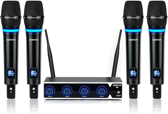 4 Channel Rechargeable Wireless Microphone System, Pro UHF Metal Handheld Wireless Microphones Cordless Mics for Karaoke Singing Church with VOL Control, 4x50 Adjustable Frequency(G8)