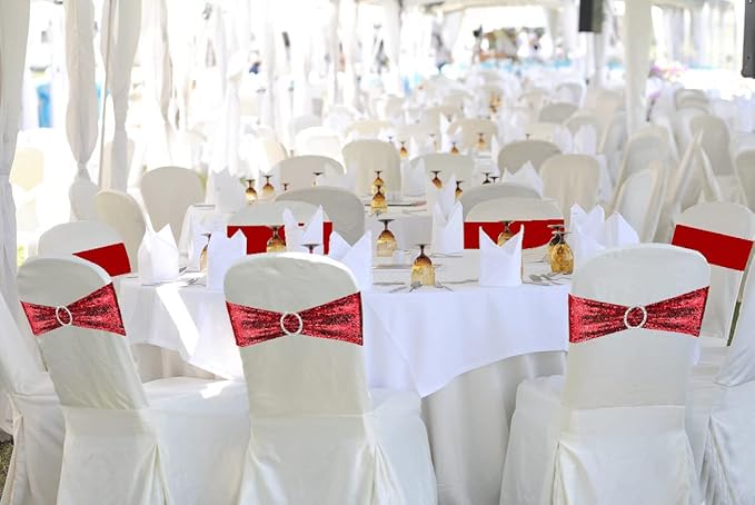 Sequin Chair Sashes Stretch Chair Bands Spandex Polyester Bows for Party Hotel Wedding Banquets Decoration - 6 Pcs Red