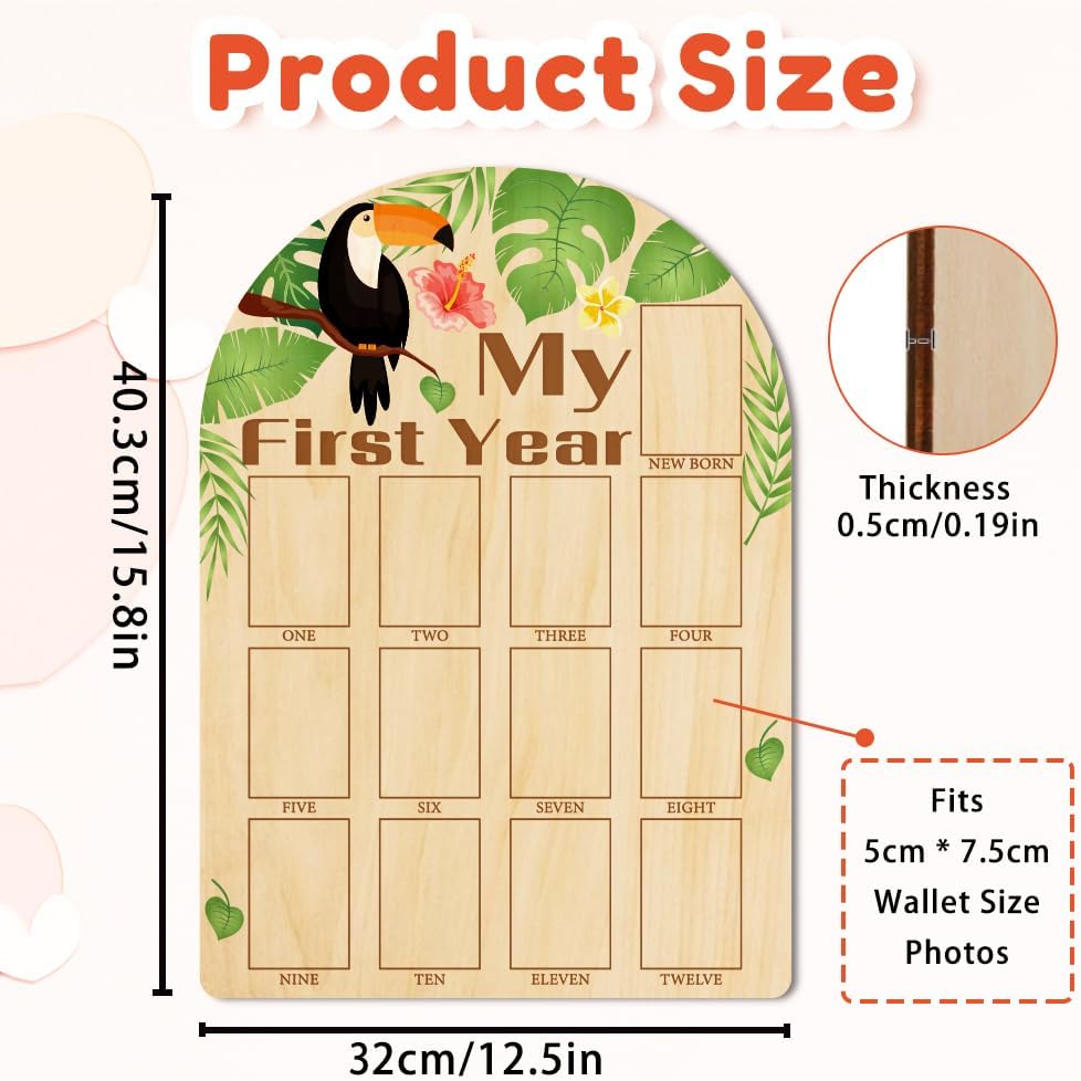 ORIGACH My First Year Baby Growth Photo Display Wood Board - 12 Months Newborn Milestones Photo Board - Neutral Baby Keepsake Board 1st Birthday Party Nursery Decor New Mom Gift - Toucan & Leaves