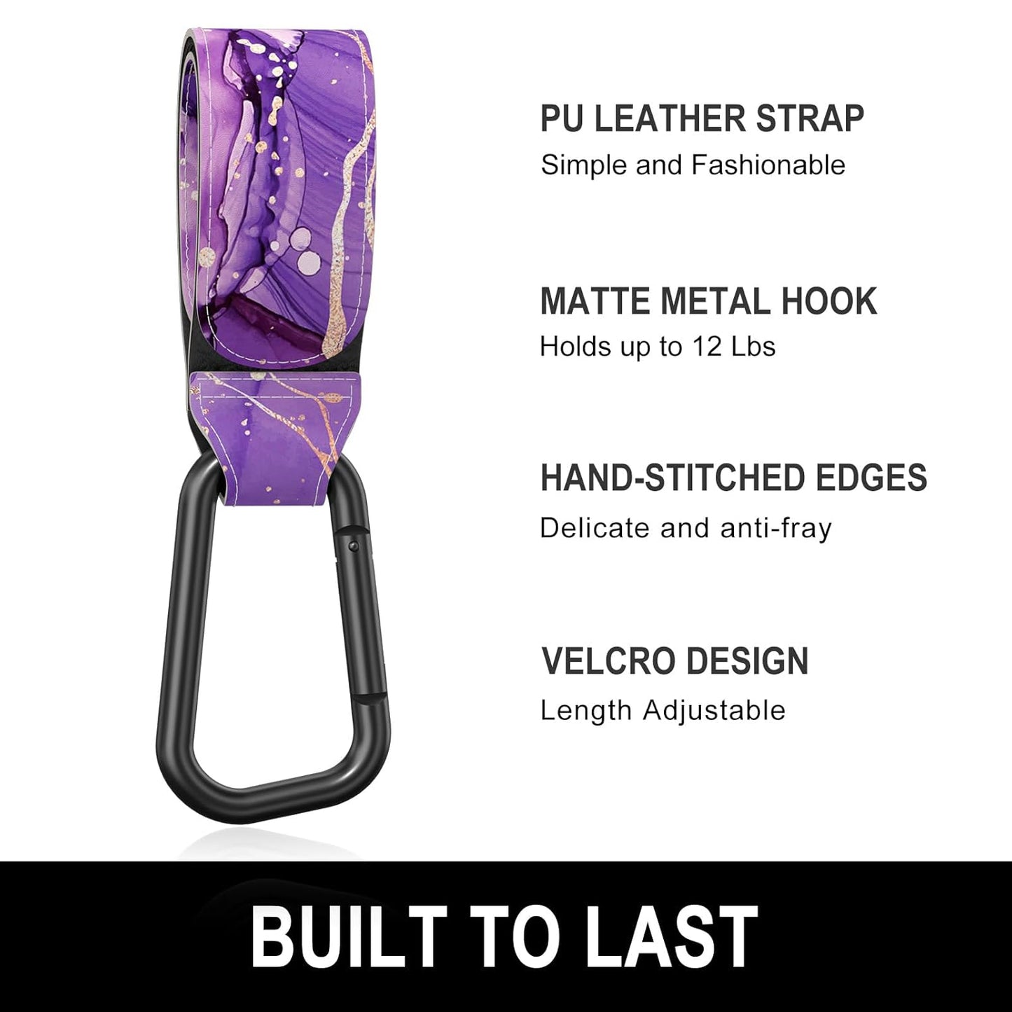 Baby Stroller Hooks for Hanging Bags, Universal Stroller Clips Accessories, Mommy Hook for Diaper Bag, Shopping Cart, Purse, Backpack - 2 Pack, Purple Marble