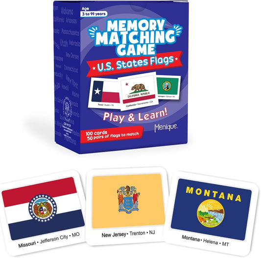 Menique U.S. States Flags Memory Matching Game – 100 Cards (50 Pairs) – Learn State Flags, Capitals & Abbreviations – Educational Card Game for Kids and Adults