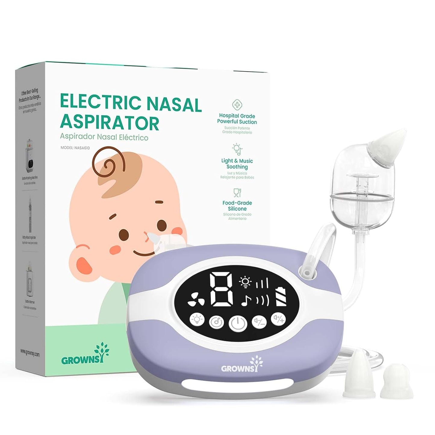 GROWNSY Electric Nose Suction for Baby, Hospital-Grade Nasal Aspirator with Night Light,Soothing Lullabies, Baby Nose Sucker with 9 Adjustable Suction Levels, Purple